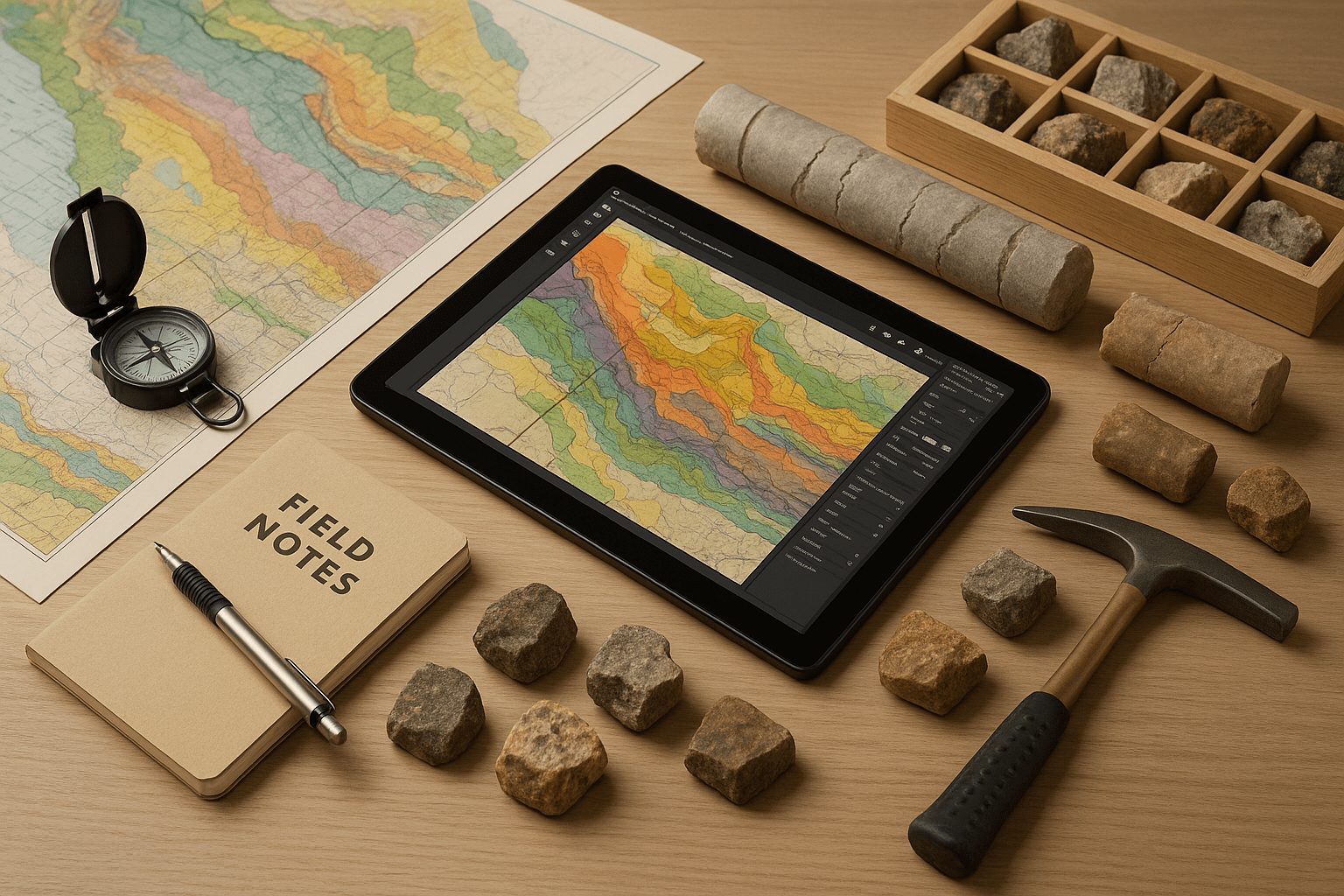 A modern geological engineering workspace with maps, tools, and rock samples for the Geological Engineering Level 3 Diploma.