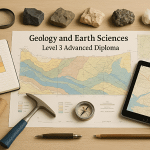 A detailed geology and earth sciences workspace featuring maps, rocks, soil samples, tools, and digital analysis equipment for the Level 3 Diploma.