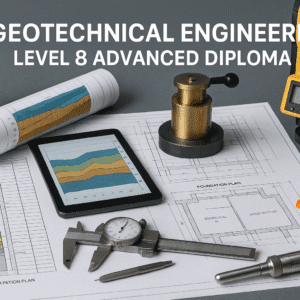 Geotechnical engineering diploma scene with soil testing tools, site plans, lab equipment, and field instruments.