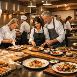 Professional kitchen scene showing gluten free cookery students preparing artisan bread, pastry and allergy-safe dishes