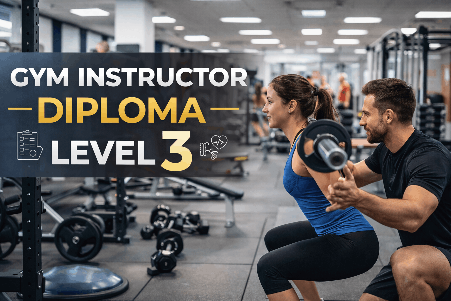 Personal trainer coaching a client in a modern gym for a gym instructor diploma Level 3 course