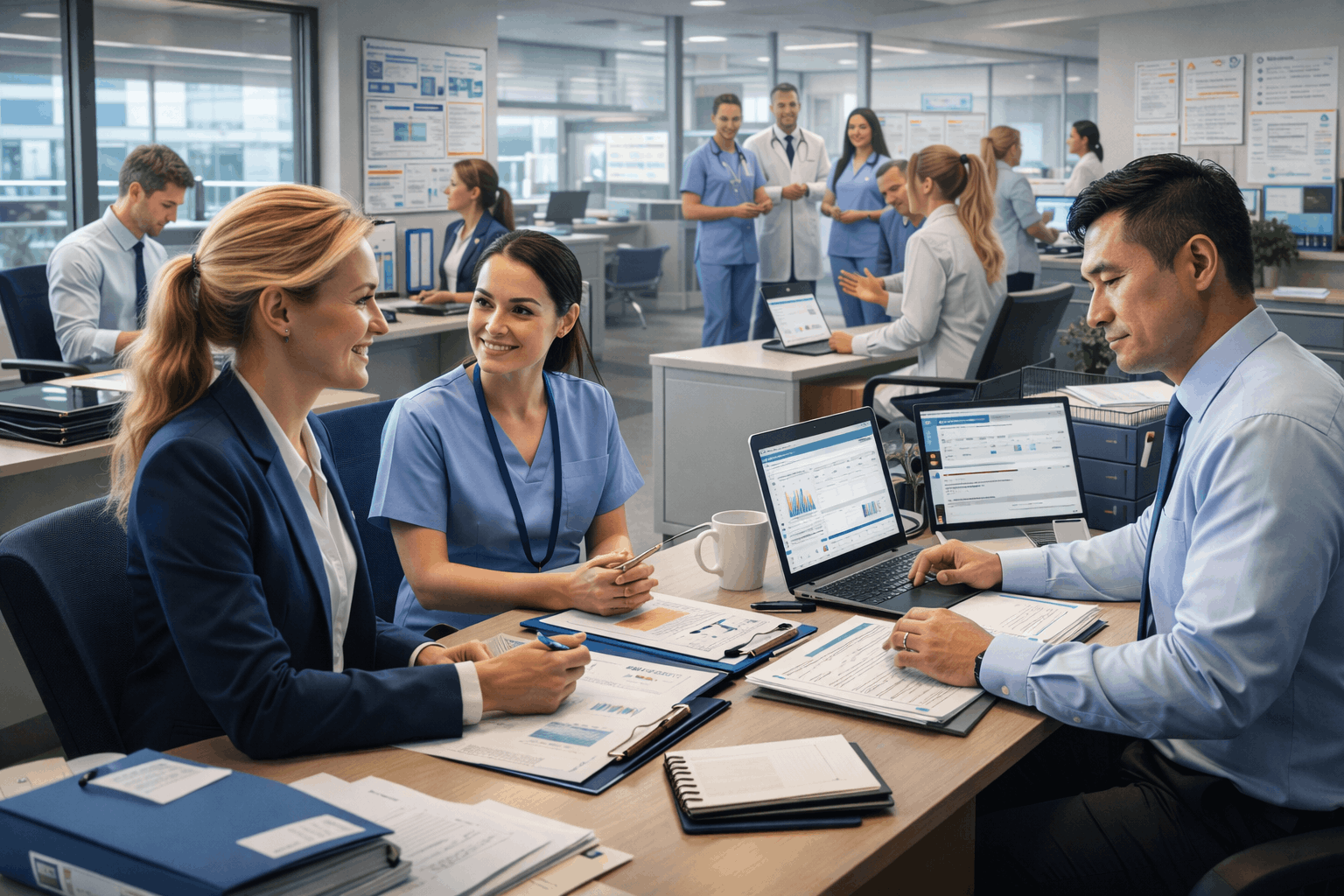 Healthcare HR management course showing HR professionals managing recruitment, training, compliance, and staff engagement in a hospital