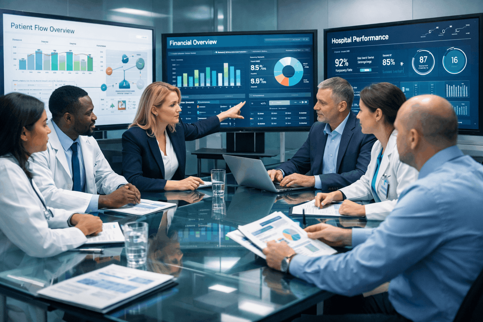 Professional team planning hospital operations in a Healthcare Management Course training environment in the UK