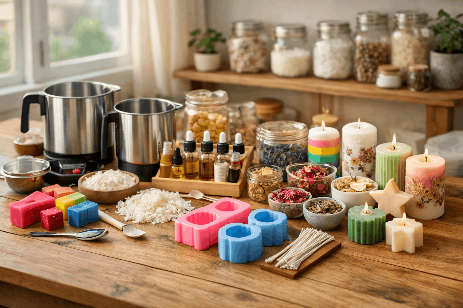 Homemade candle making workspace with wax, moulds, fragrance oils, wicks, and decorated candles in a creative studio