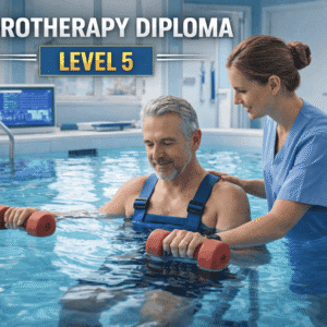 Therapist assisting patient in water for hydrotherapy diploma