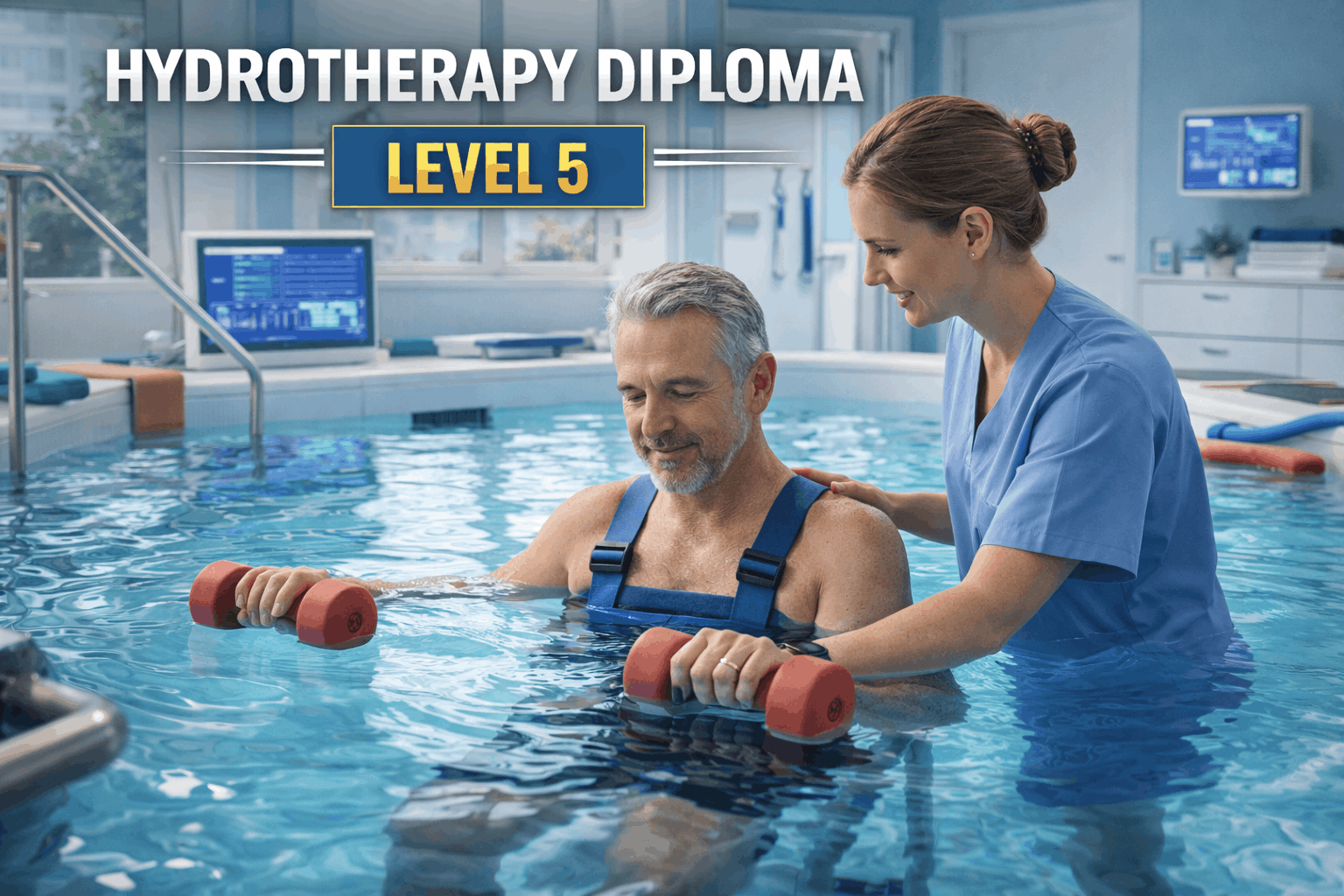 Therapist assisting patient in water for hydrotherapy diploma