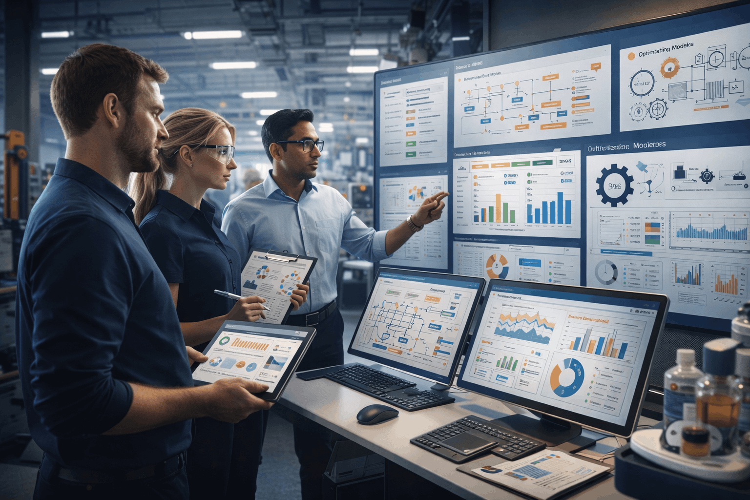 Industrial Engineering Diploma showing process optimisation, data analysis, and production planning in a modern industrial setting