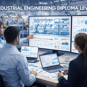 industrial engineering diploma showing engineers reviewing factory processes, automation systems and production data
