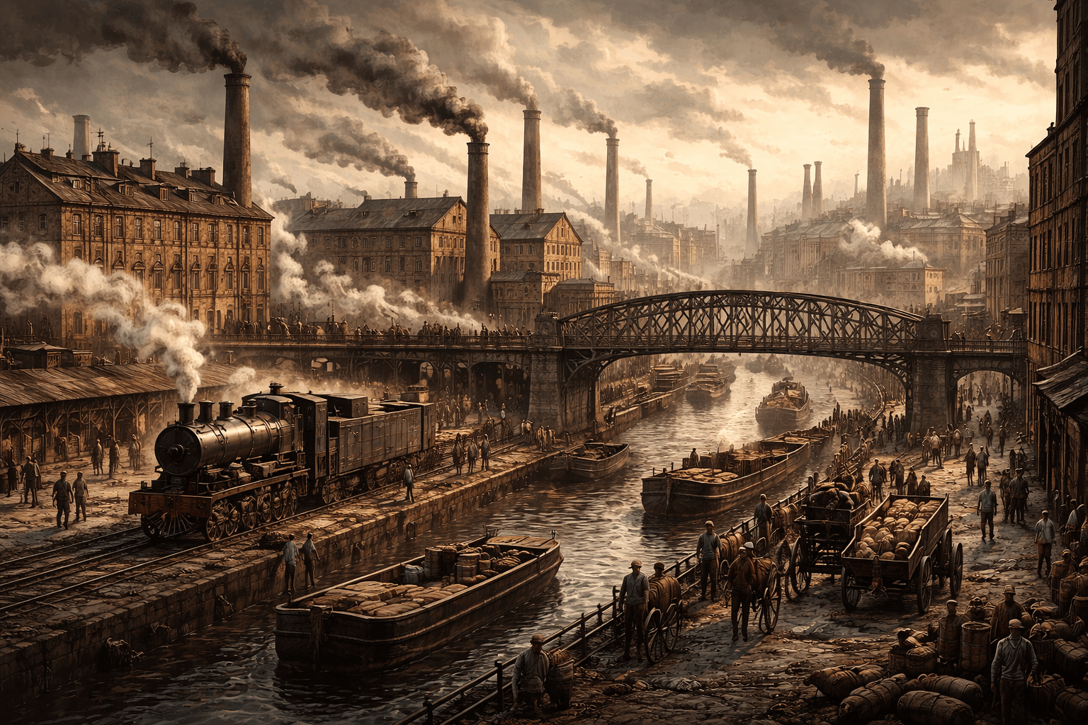 Industrial Revolution Britain showing factories, steam engines, workers, railways and urban growth