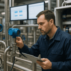Professional engineer inspecting control panels and sensors for instrumentation engineering training.