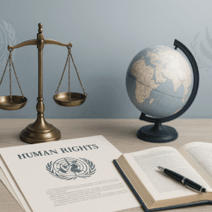 International human rights law course image showing scales of justice, UN symbols, and global legal themes.
