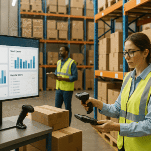 Inventory management techniques shown through a modern warehouse setup and stock control tools.