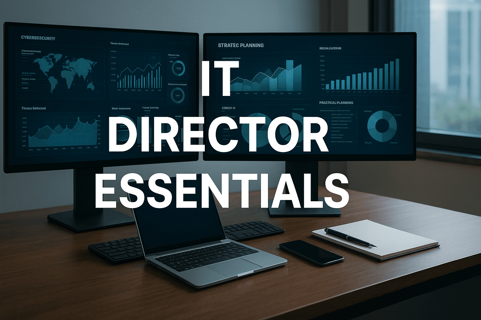 Modern IT director training workspace with dashboards, leadership tools, and strategic planning elements.