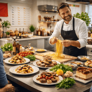 Italian Cooking Diploma showing a chef preparing pasta, risotto, seafood, meat dishes, and Italian desserts in a professional kitchen