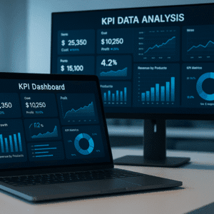 Dashboard with KPI charts, graphs and metrics on a digital screen, representing KPI data analysis for informed decision making.