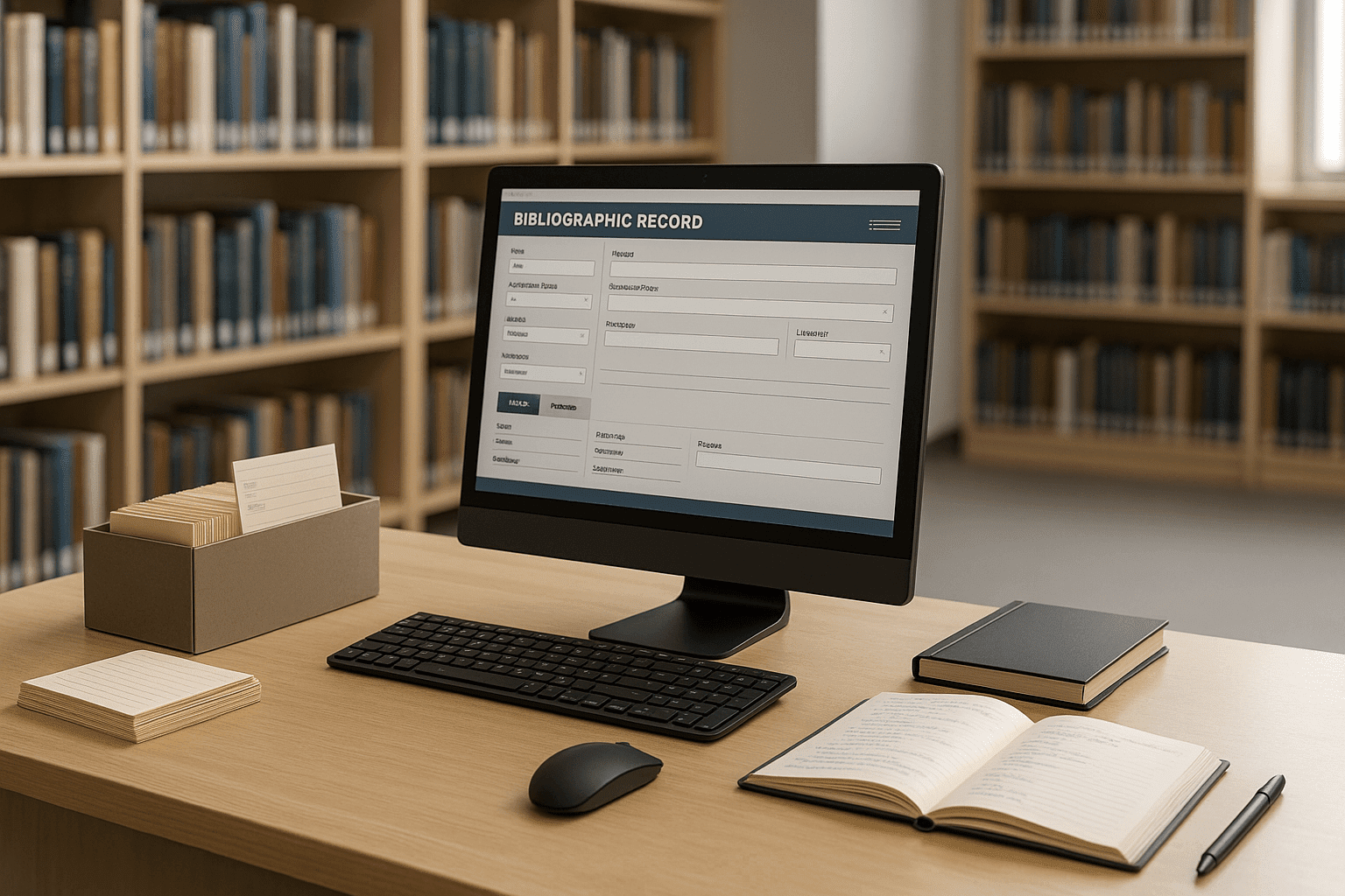 Librarian training scene with bookshelves, computer, cataloguing tools and a clean modern library workspace.