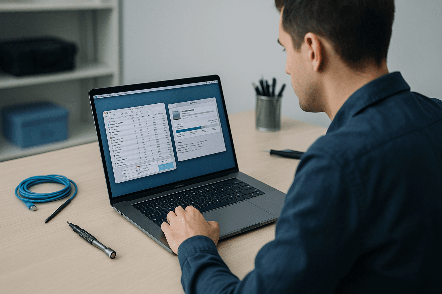 Technician diagnosing a Mac screen with system tools open, representing macOS troubleshooting and maintenance training.