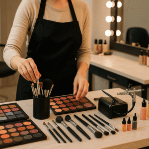 Makeup artist course training scene with brushes, palettes, lighting and a model setup.