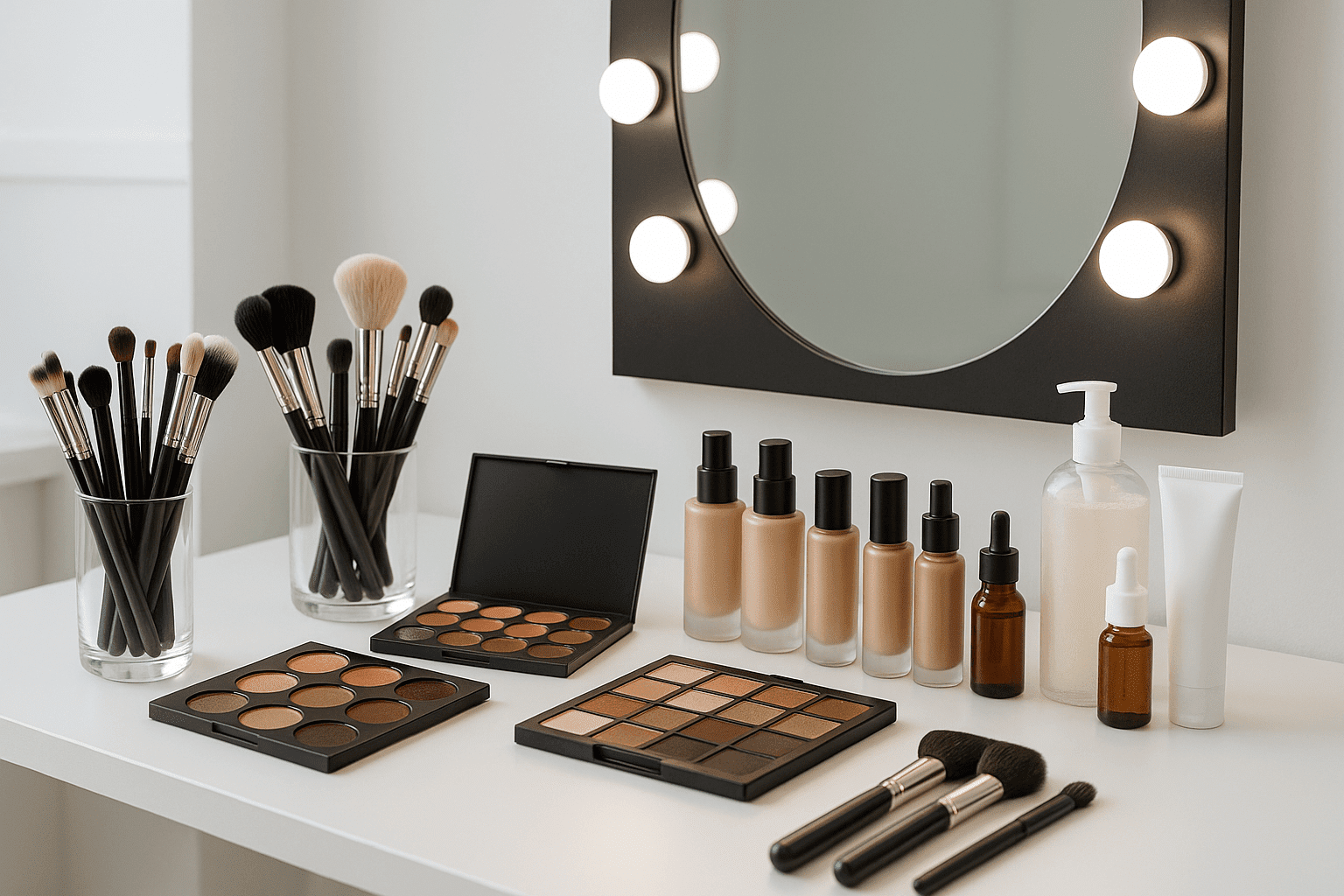 Professional makeup artist diploma setup with brushes, palettes, tools and lighting arranged neatly on a studio workstation.