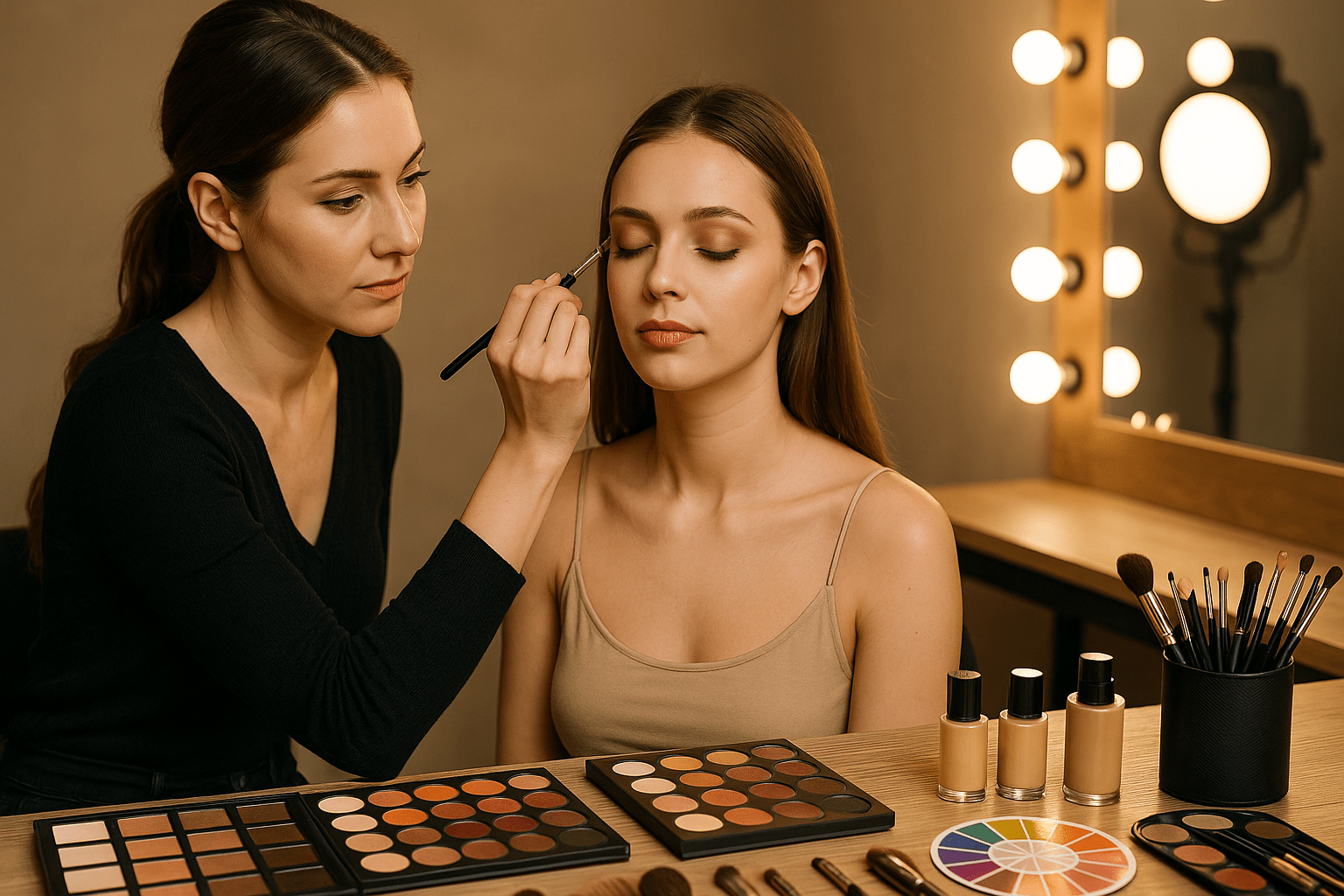 Makeup artistry diploma image showing makeup tools, palettes, brushes and a model receiving professional makeup application.