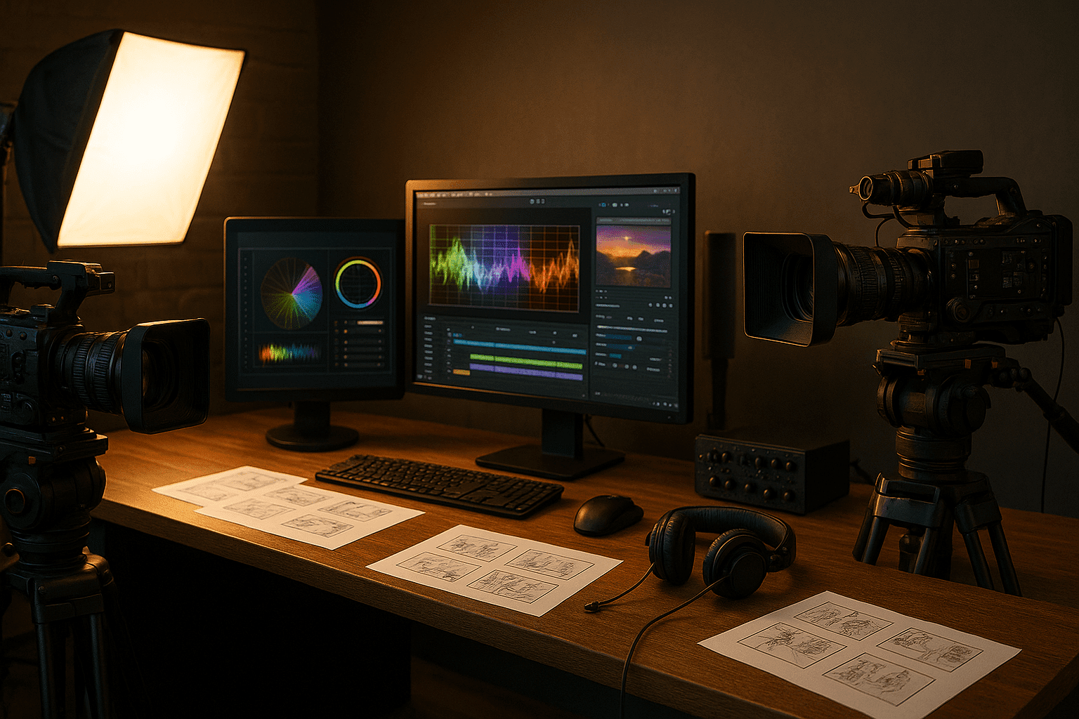 Advanced media production diploma workspace with cameras, lighting, monitors, and editing tools.