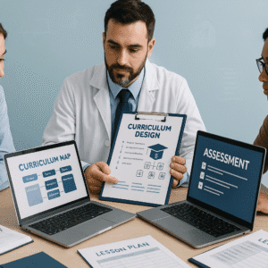 Medical curriculum design course image showing educators planning learning objectives, assessments and teaching strategies.