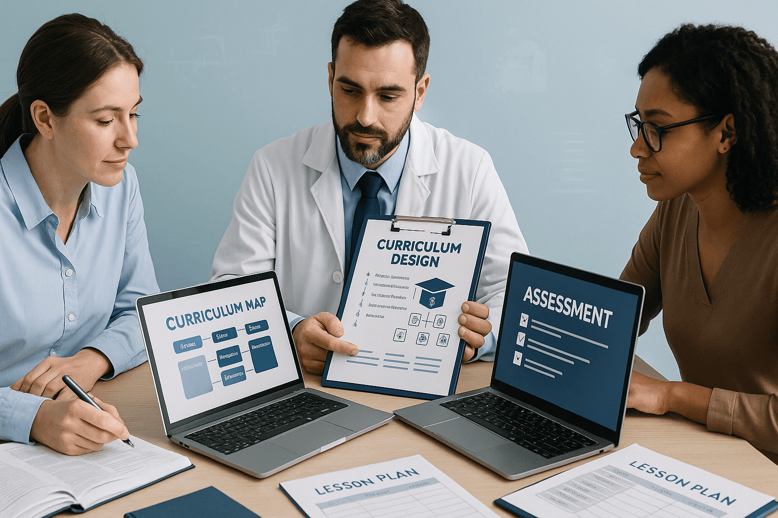 Medical curriculum design course image showing educators planning learning objectives, assessments and teaching strategies.