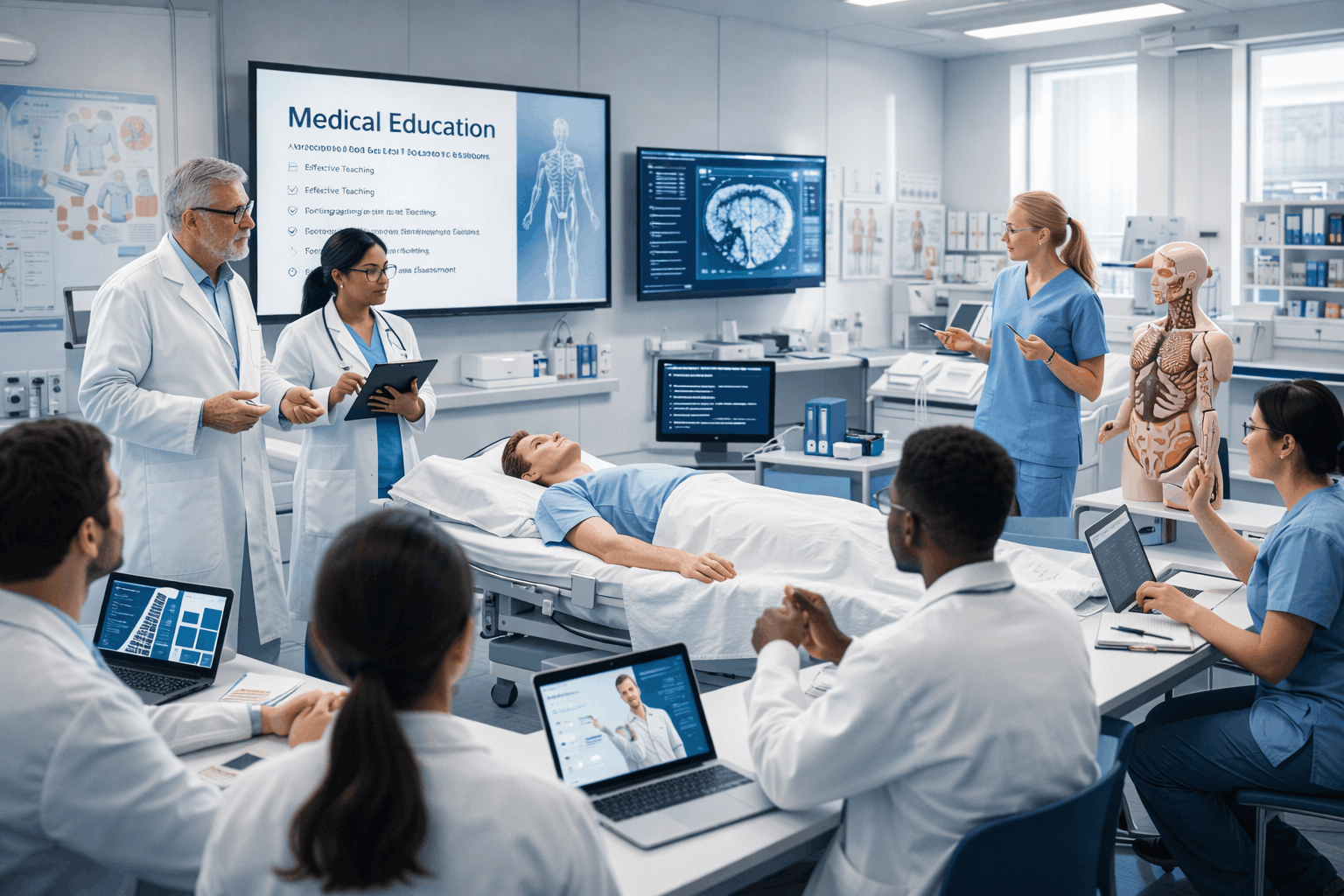 Medical education course students learning teaching methods in a modern clinical training room