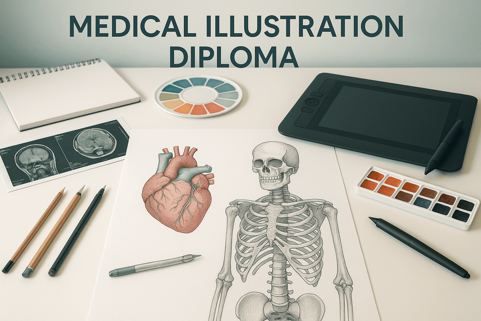 Medical illustration diploma image showing anatomical drawings, digital tools and healthcare visualisation elements.
