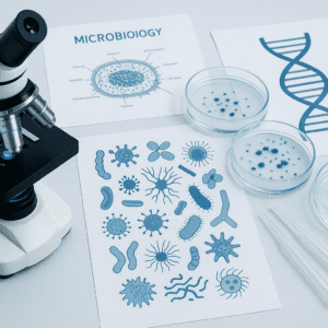 Microbiology course banner showing microbes, lab equipment, and scientific illustrations on a clean research-themed background.