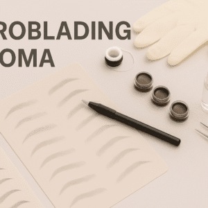 Microblading diploma banner showing brow tools, pigments, microblading pen, and a clean professional beauty workspace.