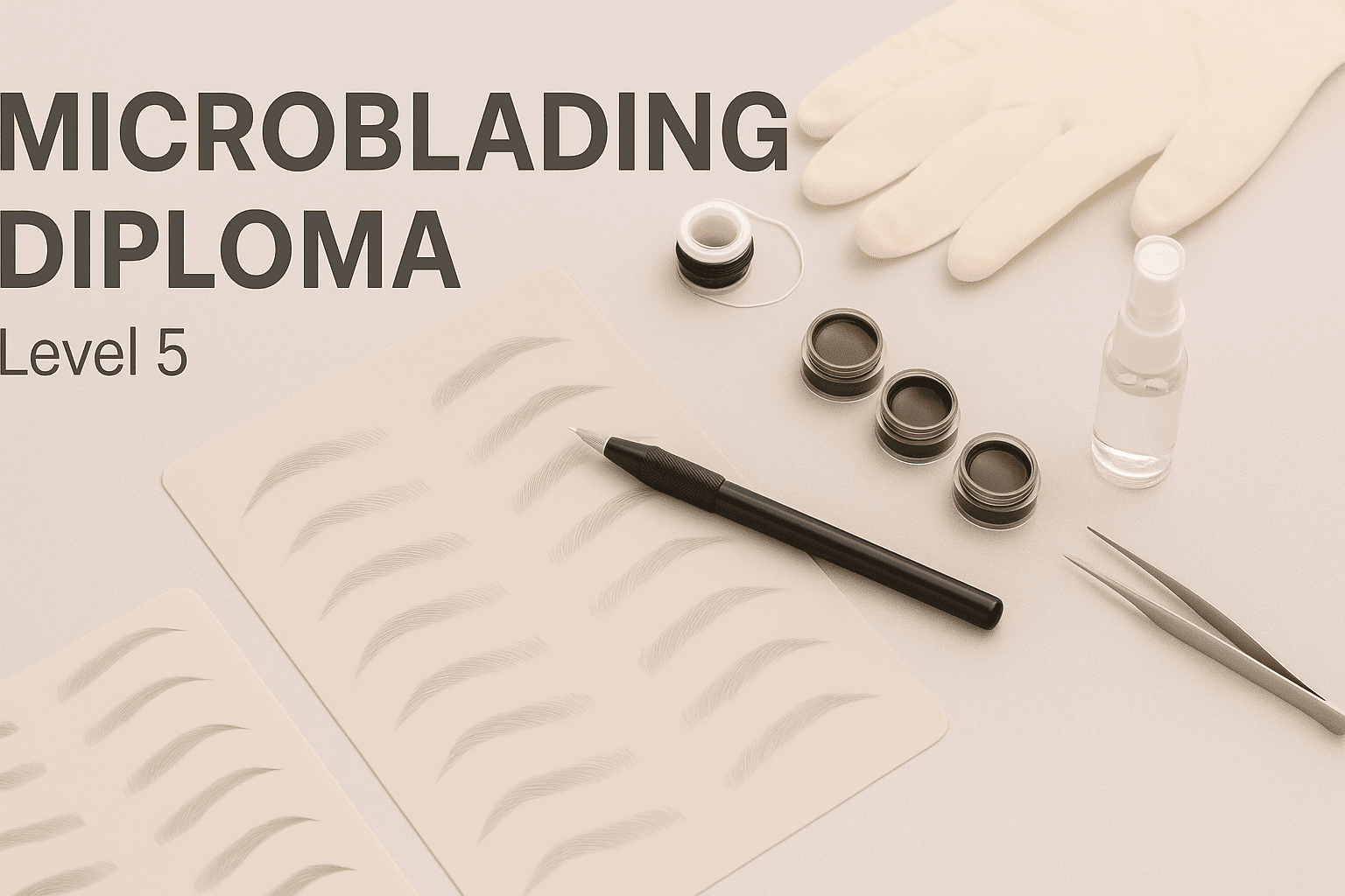 Microblading diploma banner showing brow tools, pigments, microblading pen, and a clean professional beauty workspace.