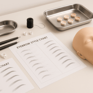 Aesthetic studio setup showing tools and model eyebrow guides for microblading training Level 3 Diploma.