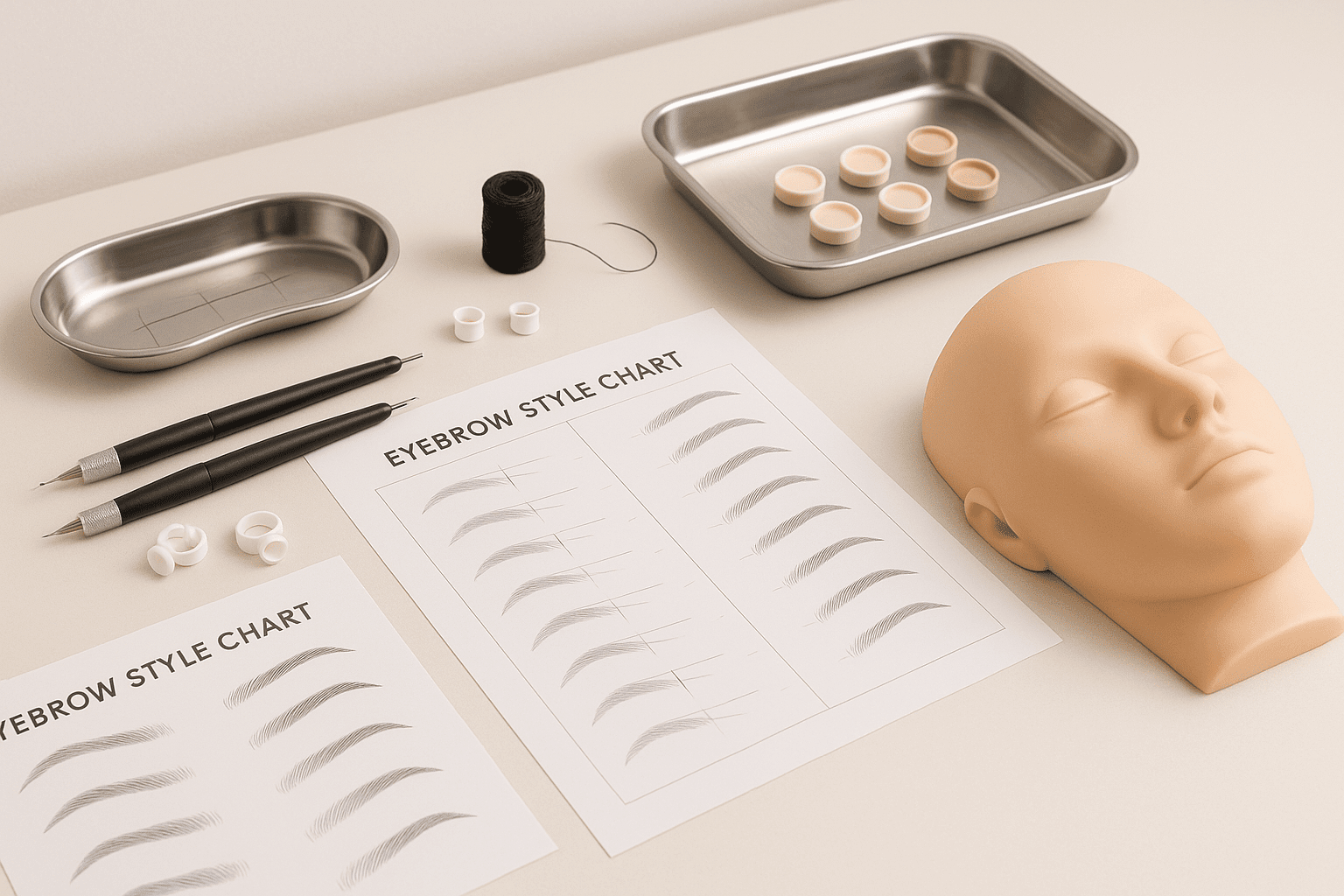 Aesthetic studio setup showing tools and model eyebrow guides for microblading training Level 3 Diploma.