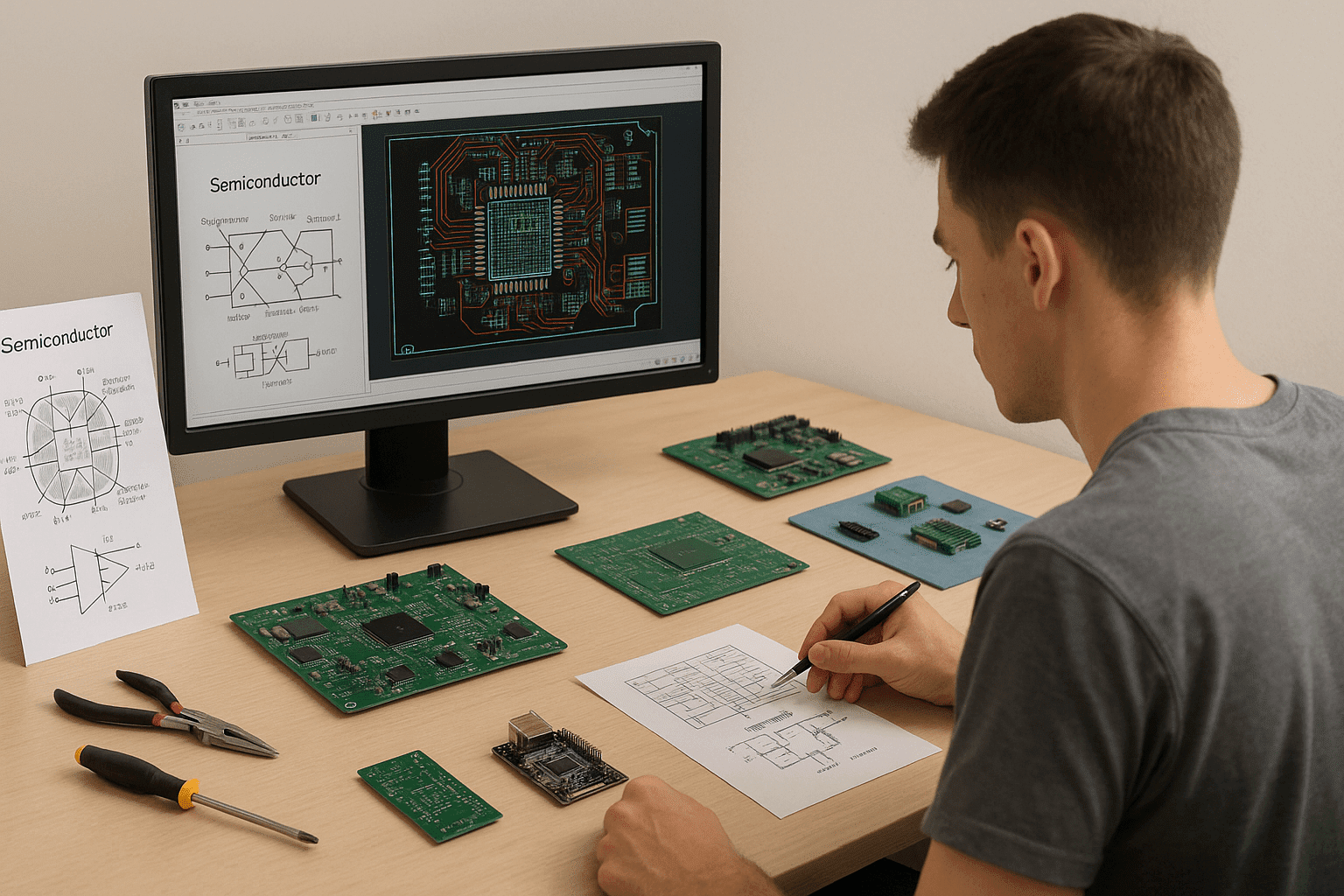 A student analysing semiconductor diagrams and circuit boards, representing a microelectronic engineering study environment.