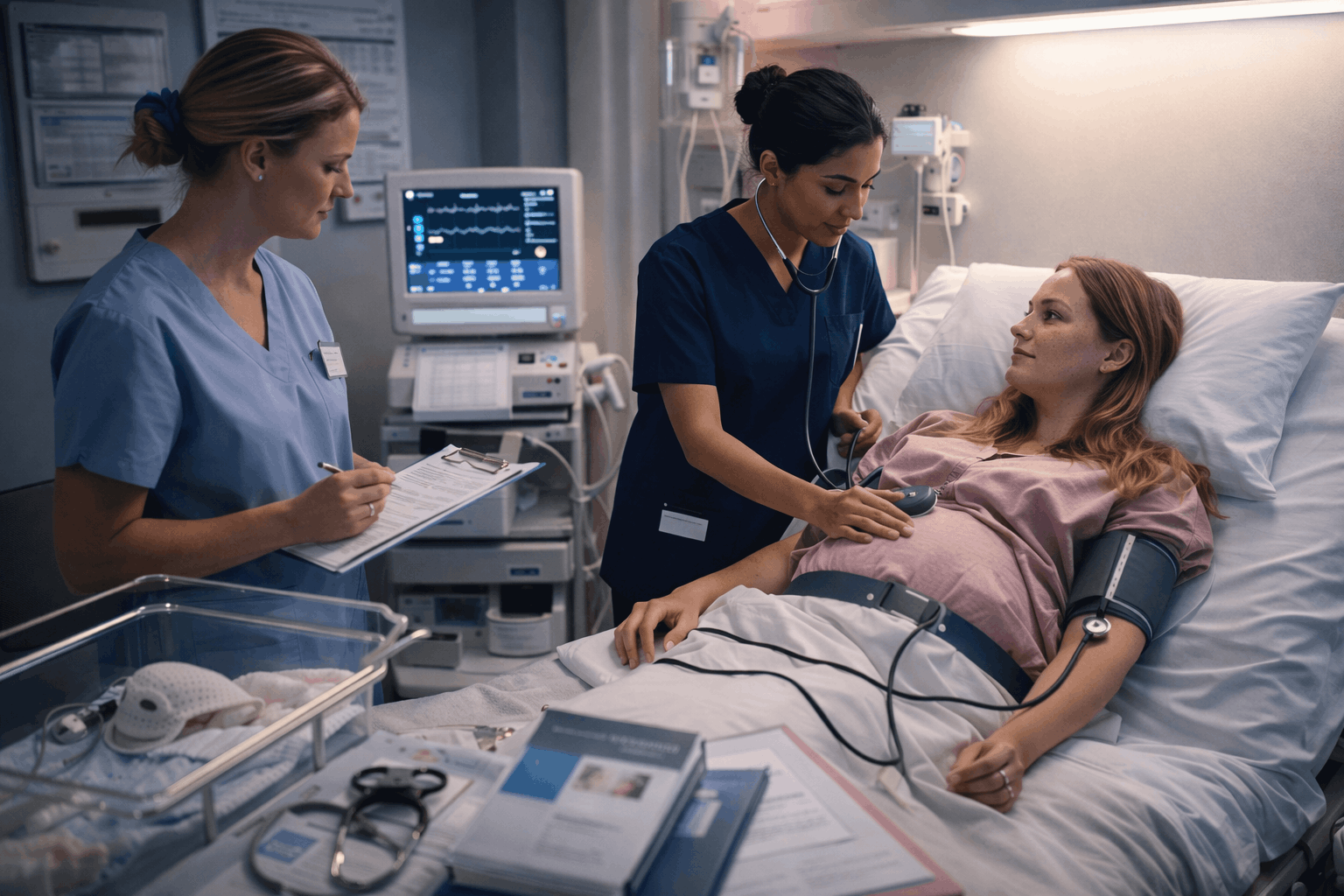 Midwives providing compassionate maternity care during midwifery training diploma studies in a professional healthcare setting.