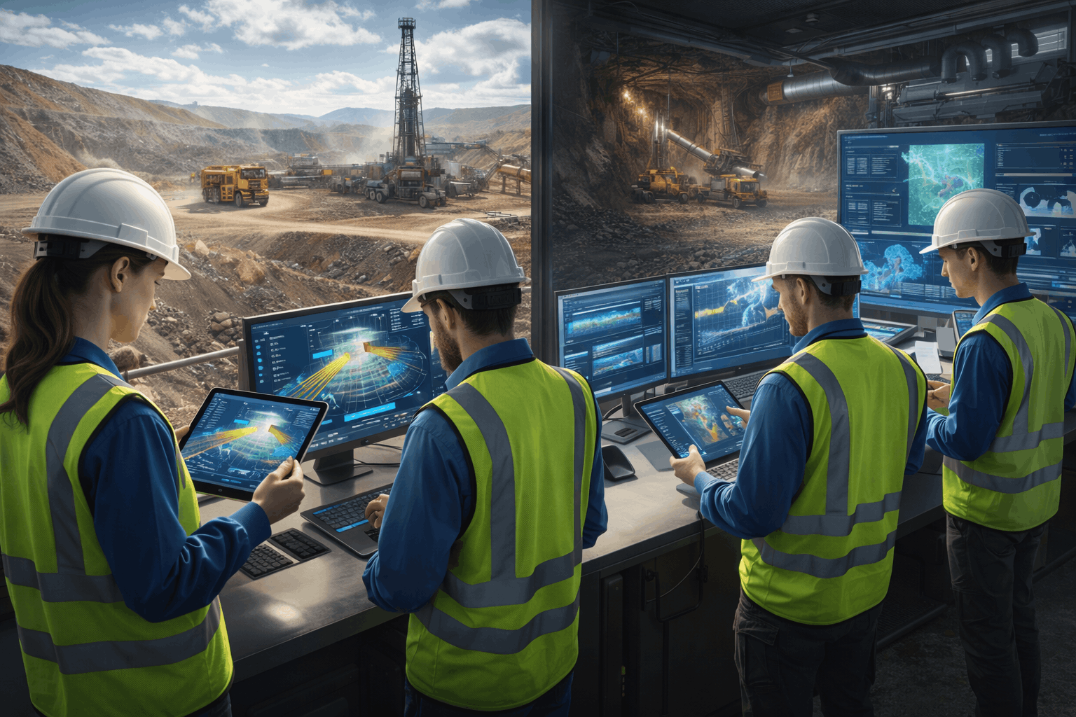 Mining engineering level 3 students analysing mine plans, heavy machinery and digital mining systems on site