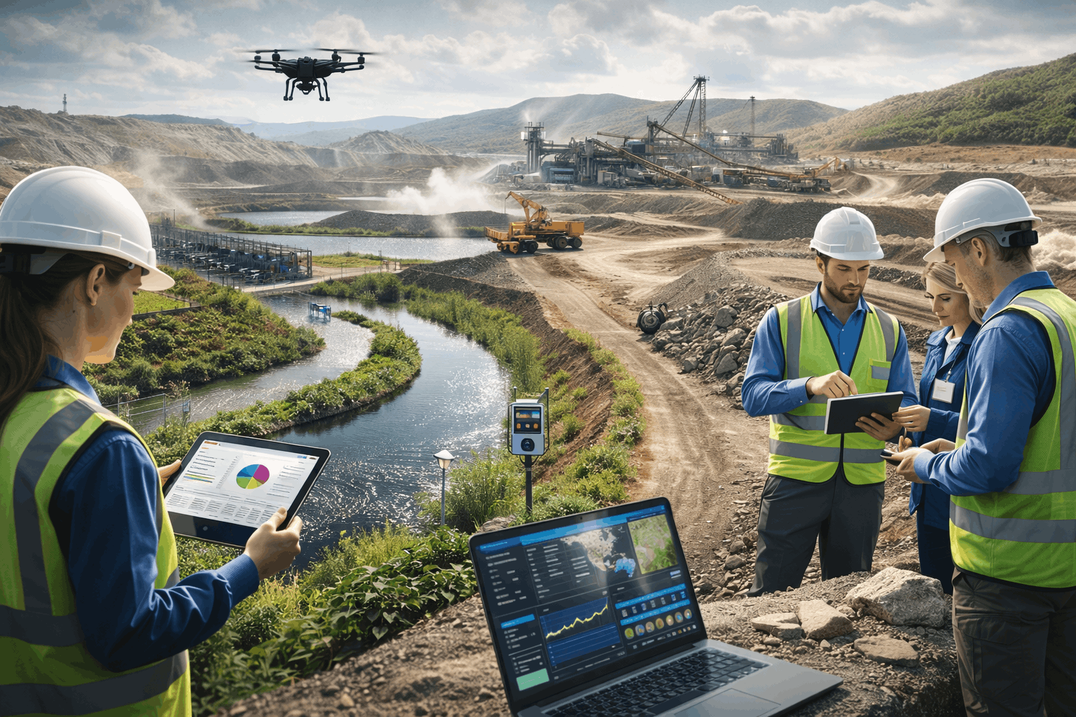 Mining environmental management students monitoring water, air quality and land rehabilitation at a modern mining site