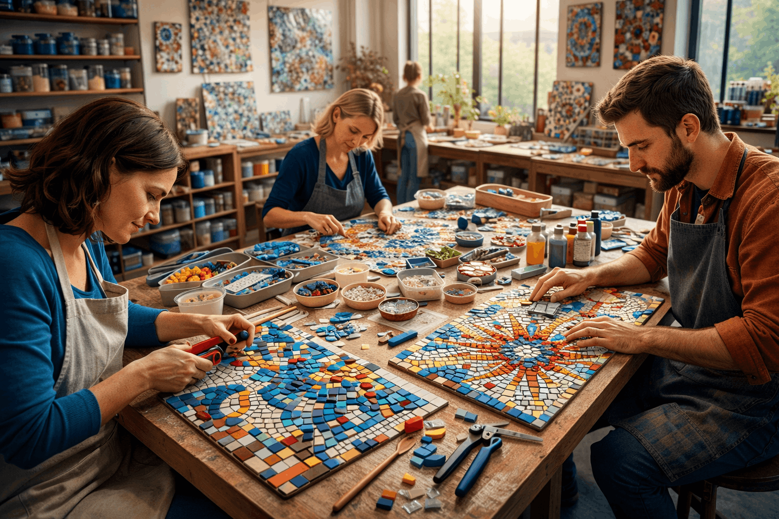 Artist creating colourful tile artwork in a mosaic art course studio
