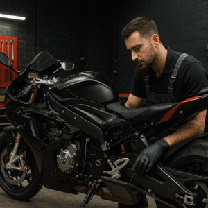 Motorbike maintenance course image showing a mechanic working on a high-performance motorcycle in a professional workshop.