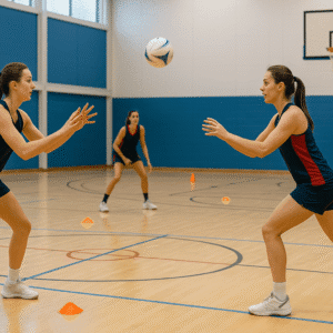A modern sports court with players practising netball drills and netball skills for a Level 2 course.