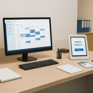 Non-clinical front of house admin training scene showing reception desk, patient check-in and office tools.