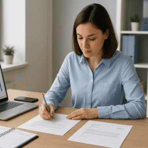 Office administration training scene with staff planning, writing letters, and organising tasks in a modern workspace.