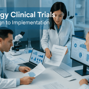 Oncology clinical trials banner showing researchers analysing trial data in a modern UK lab.