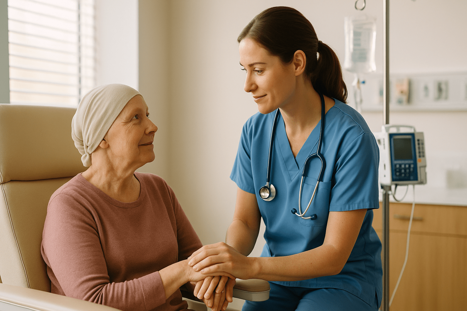 Oncology nursing banner showing nurse supporting cancer patient in a clinical UK care setting.