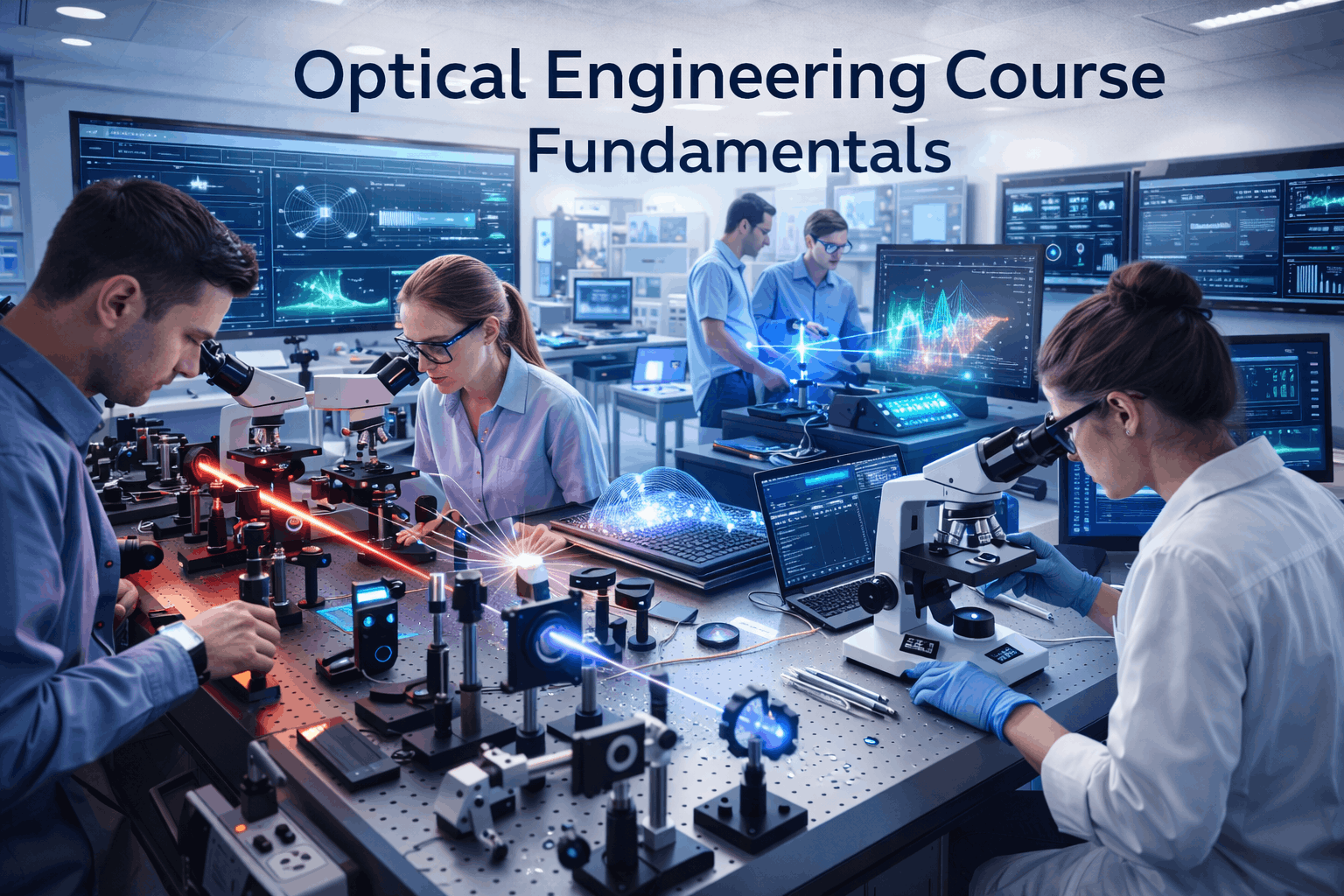 Students studying lasers and lenses in a laboratory for the Optical Engineering Course