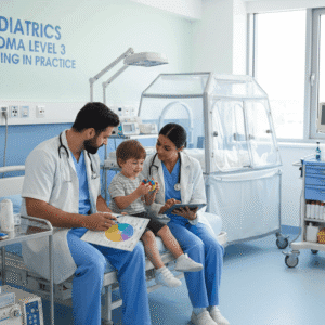 Paediatrics diploma Level 3 training showing healthcare professionals caring for children in a modern clinical setting
