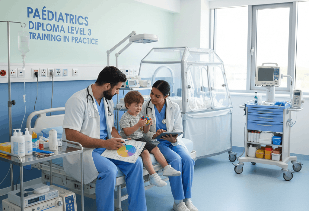 Paediatrics diploma Level 3 training showing healthcare professionals caring for children in a modern clinical setting