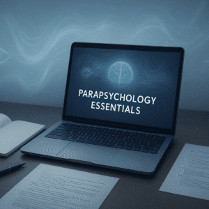 A modern study scene showing ESP, psychokinesis and paranormal research elements for a parapsychology course.