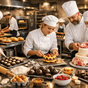 professional pastry kitchen showing students preparing desserts for pastry making diploma training